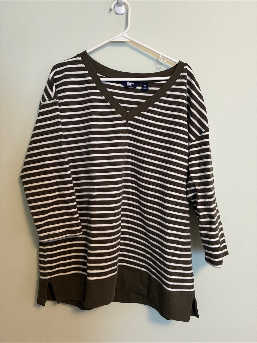 Lands' End Olive and White Striped V-Neck Sweater